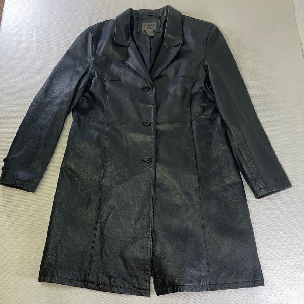 John Paul Richard Uniform Petite Long Leather Trench Coat Size 14